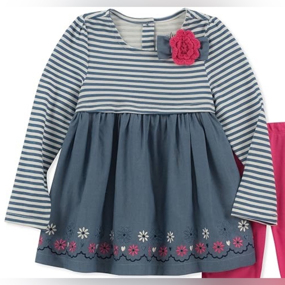 Kids Headquarters Girls Blue StripeLong Sleeve Dress Floral Embroidered Hem 3T